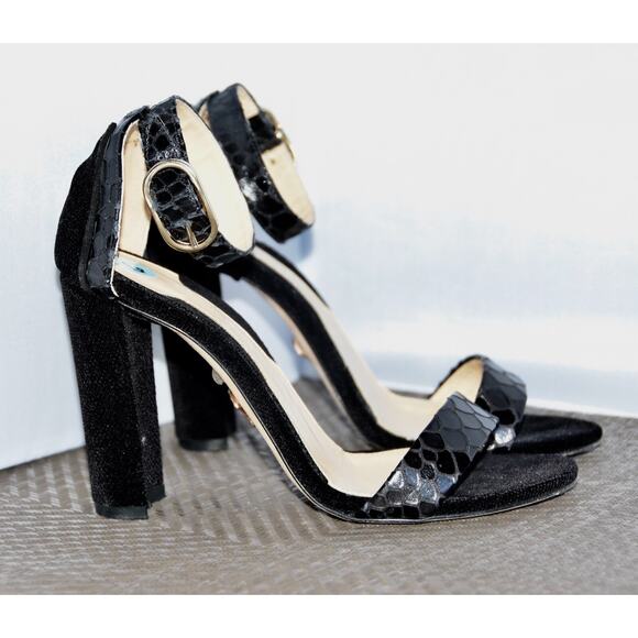 Chelsea Paris Boutique Black Suede Snakeskin Mid-Heel Sandals Size 6 - Picture 1 of 9